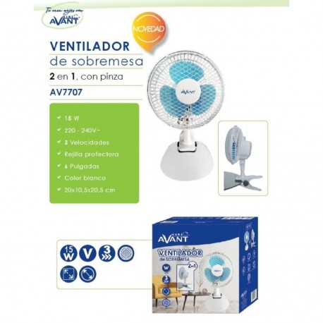 VENTILADOR 2 EN 1 DE SOBREMESA Y PINZA 15 CENTIMETROS 15W AVANT