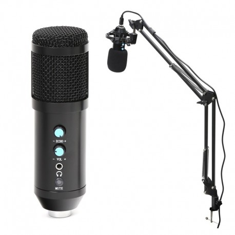 MICROFONO GAMING TUBE USB/JACK + BRAZO METAL MECANICO + SOPORTE AMORTIGUADOR DE VIBRACIONES+ FILTRO ESPONJA POP NEGRO OMEGA VARR