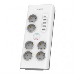 REGLETA 6 TOMAS + 4 USB 20W + 1 USB TIPO-C 15W CABLE TEXTIL 2m PROTECCION CON INTERRUPTOR BLANCO PHILIPS