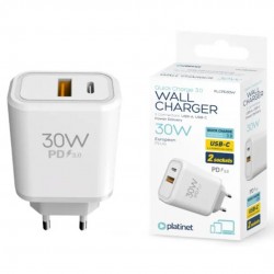 CARGADOR RAPIDO DE PARED 30W PD 3.0 USB-C + USB-A BLANCO PLATINET