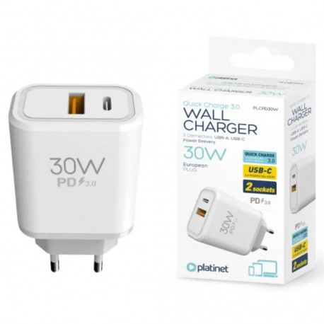 CARGADOR RAPIDO DE PARED 30W PD 3.0 USB-C + USB-A BLANCO PLATINET