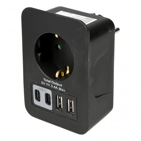ADAPTADOR ENCHUFE SCHUKO NEGRO +2 X USB A+ 2 X USB TYPEC