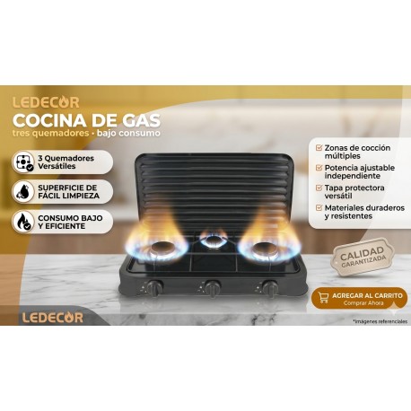 COCINA PORTATIL DE GAS BUTANO Y PROPANO 3 FUEGOS LEDECOR